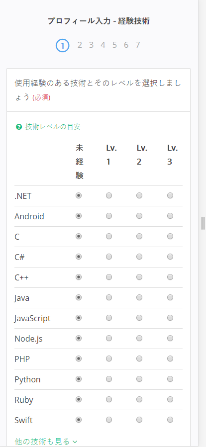 経験技術の入力画面